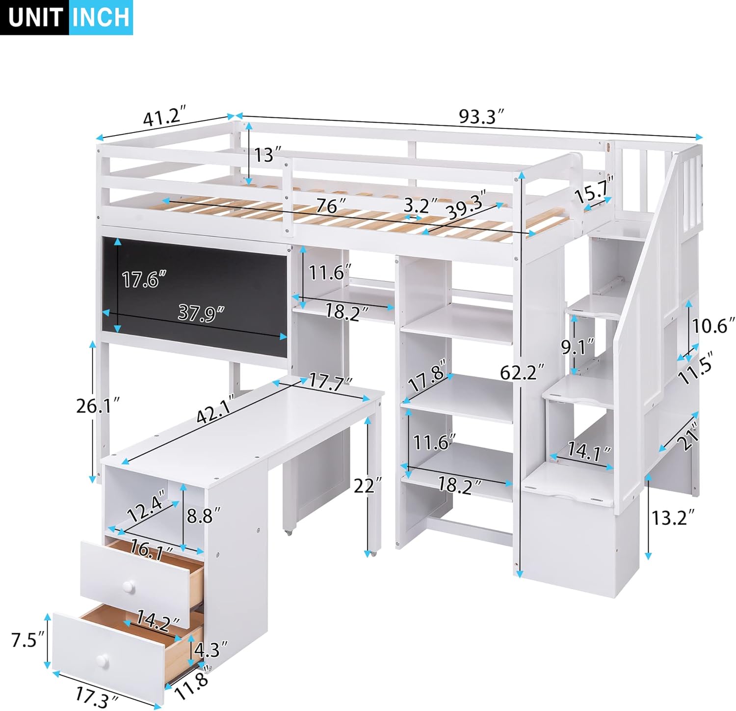 Harper & Bright Designs Twin Size Loft Bed with Stairs and Desk, Solid Wood Loft Bed with Storage Shelves and Blackboard, for Bedroom Dorm Boys Girls Adults (Twin, White)