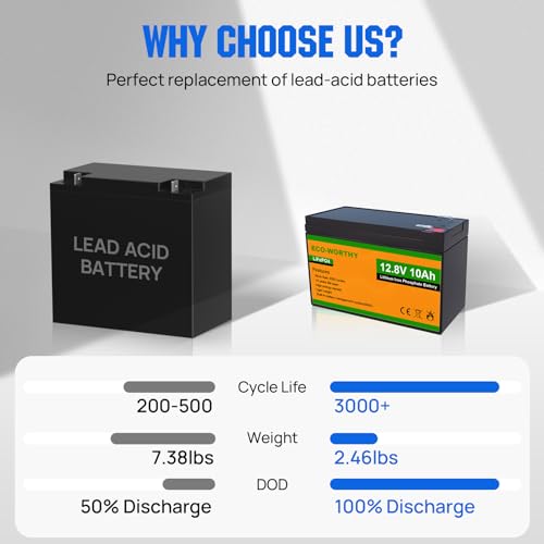 ECO-WORTHY 12V 10Ah Lithium LiFePO4 Deep Cycle Battery with 3000+ Cycles, Built-in BMS, Perfect for Fishfinder, Lighting, Power Wheels, Lawn Mower, Cyberpower UPS, Back Up Power