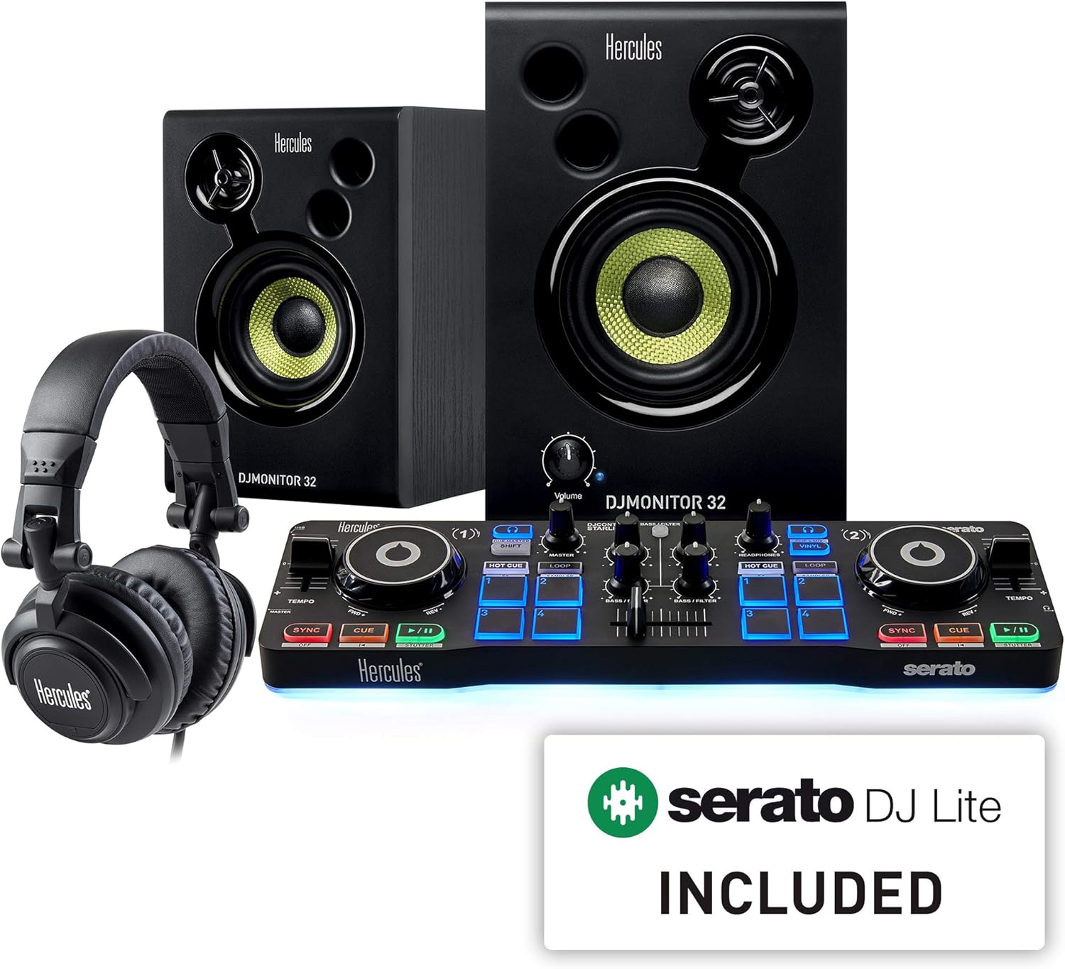 Hercules DJControl Starlight - 2-Deck DJ Controller, 4780890, Serato DJ Lite Software, Hercules DJ Monitor 32 Speakers, Headphones, USB Connectivity, Ideal for Beginners
