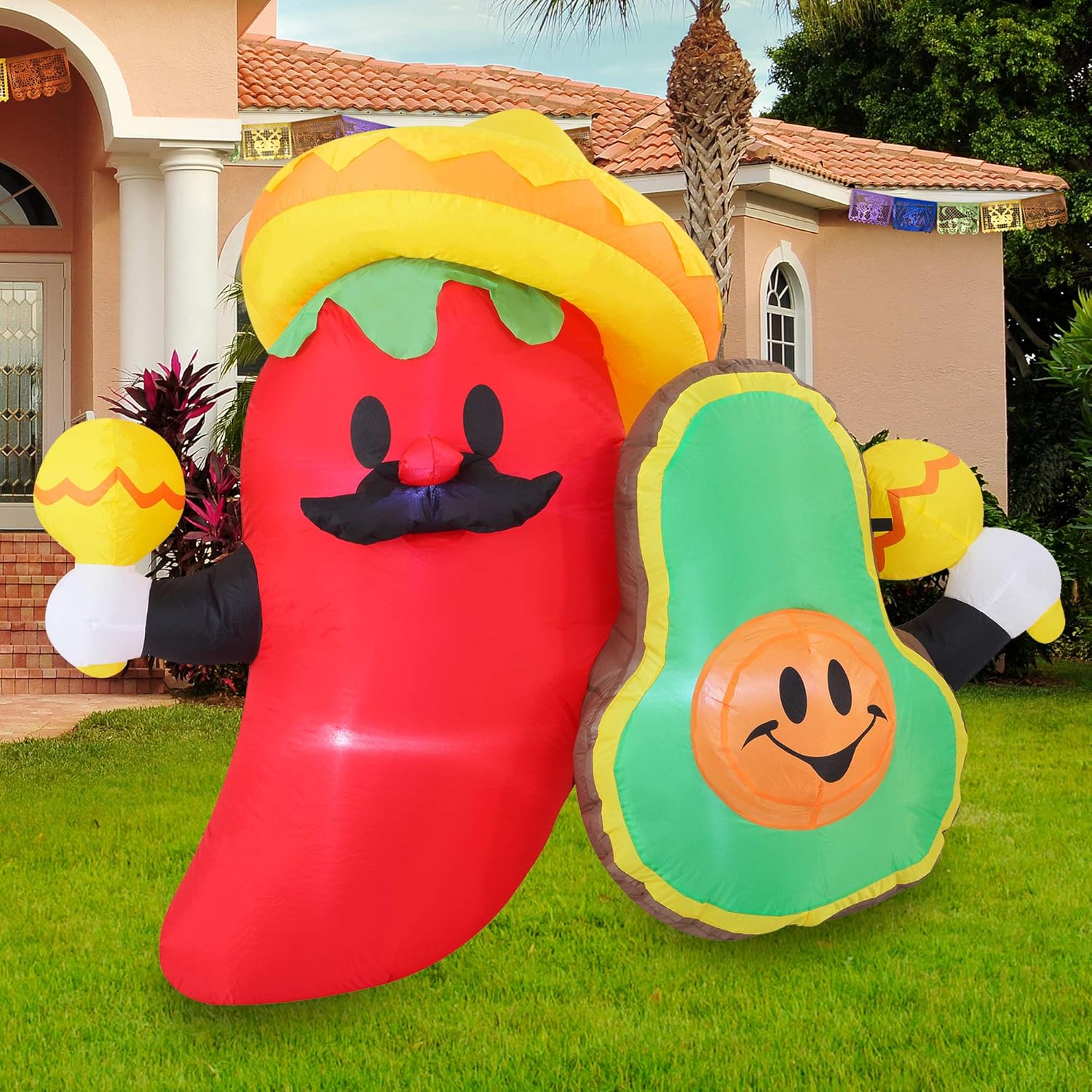 Cinco de Mayo Inflatable Decoration 6 FT Long Fiesta Avocado and Chili with Build-in LEDs Blow Up Inflatables for Holiday Party Indoor, Outdoor, Yard, Garden, Lawn Spring Decor.