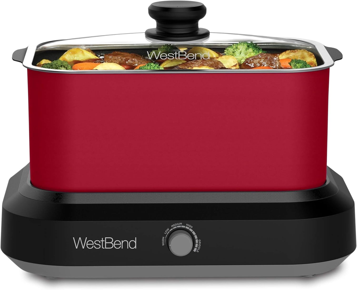 West Bend 87906R Versatility Slow Cooker Large Capacity Non-stick Dishwasher Safe Variable Temperature Control Includes Travel Lid & Thermal Carrying Case, 6-Quart, Red