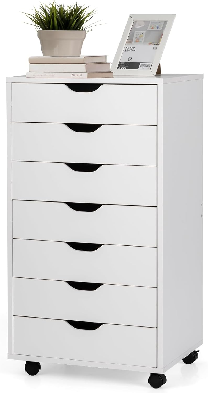 7 Drawers File Cabinet, 34.5”Vertical Filing Cabinet for Home Office, Under Desk Storage Cabinet with Wheels, Mobile Chest of Drawers, Lateral Rolling Printer Stand, White
