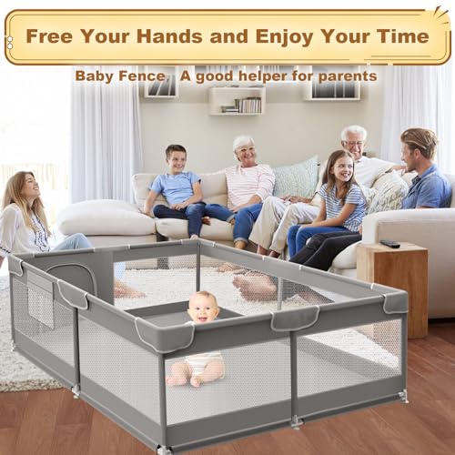 Baby Playpen 50 x 50 Inch Play Pen Playards, Playpen for Babies and Toddlers, Baby Playard for Indoor & Outdoor Active Center Game Fence, with Skin-Friendly Fabric and Soft Breathable Mesh Grey