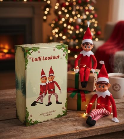 Lolli Lookout™ Christmas Elf Pair, Set of 2 Classic Plush Figurines, Red Holiday Shelf Sitters for Mantel Decor, 14 Inch, 2025 Edition