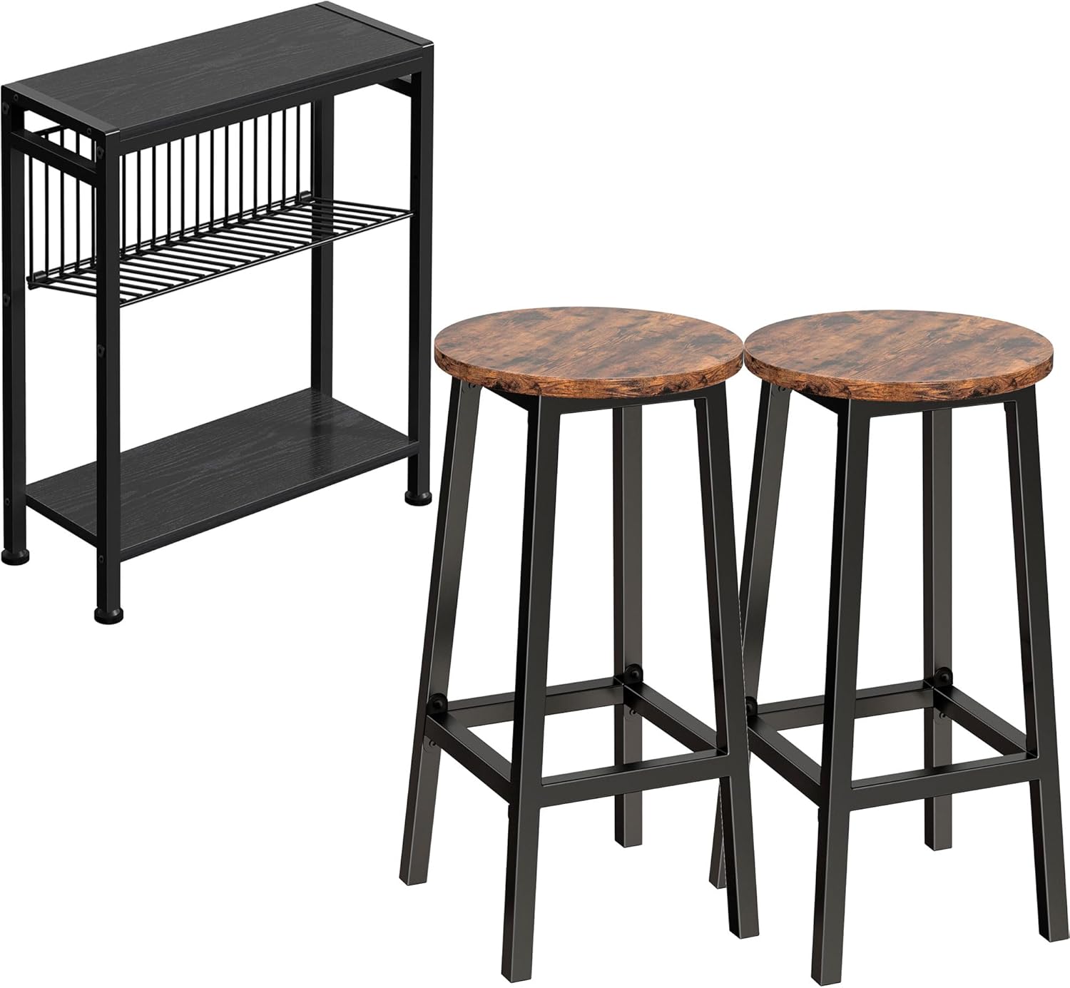 Small End Table for Small Space, 3-Tier Narrow Side Table with Magazine Holder,Small Nightstand, Bar Stools, Set of 2 Bar Stools, Bar Chairs with Footrest
