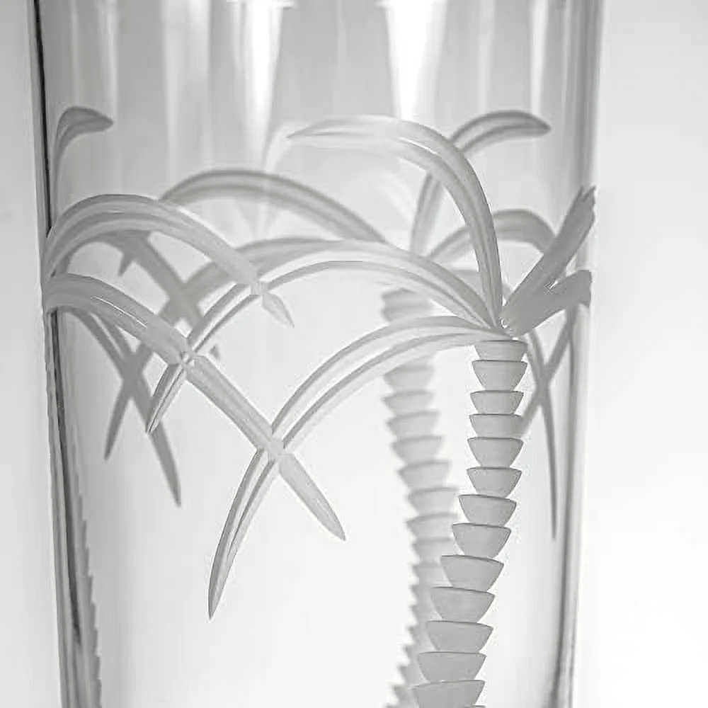 Palm Tree Highball Glass 15 Ounce | Set Of 4 Cooler Glasses | Lead-Free Crystal Glass | Etched Drinking Glass With Heavy Base | Made In The