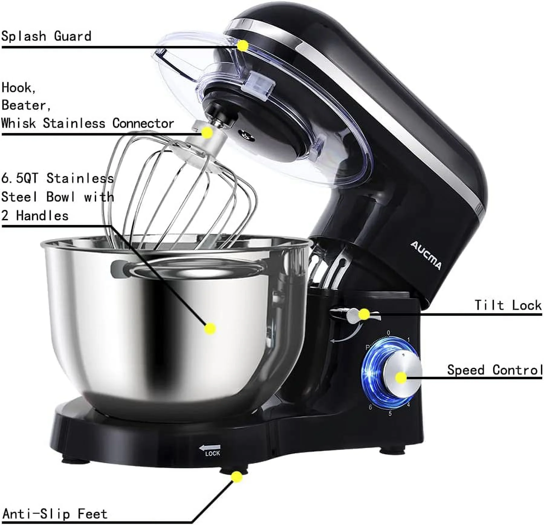 Excellent Aucma Stand Mixer 6.5-QT 660W 6-Speed Tilt-Head Food Mixer  Kitchen Electric Mixer with Dough Hook  Wire Whip & Beater (6.5QT  Blue)