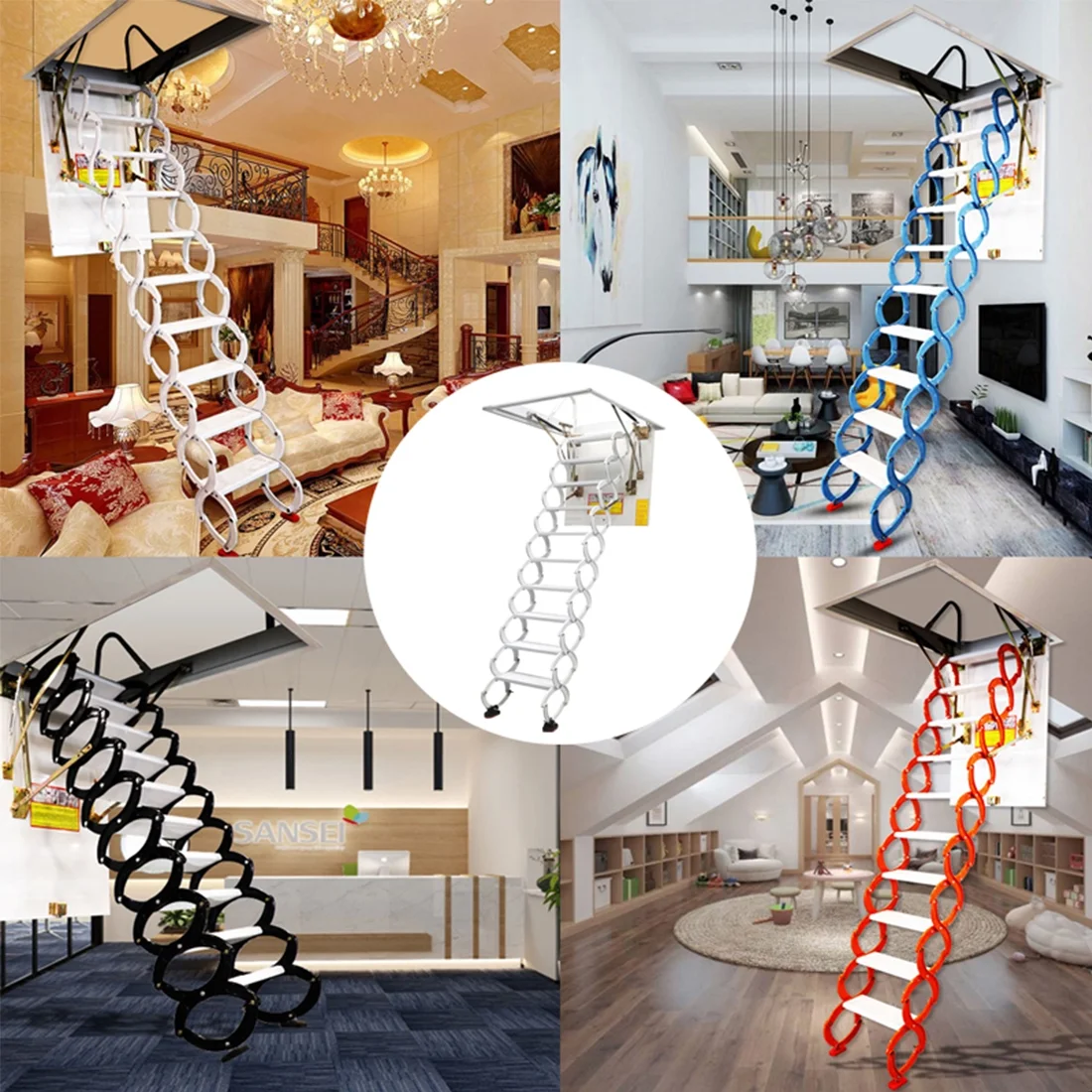 INTBUYING Attic Ceiling Ladder Stairs 10.5ft/13Steps Carbon Steel White 31.5*35.4in