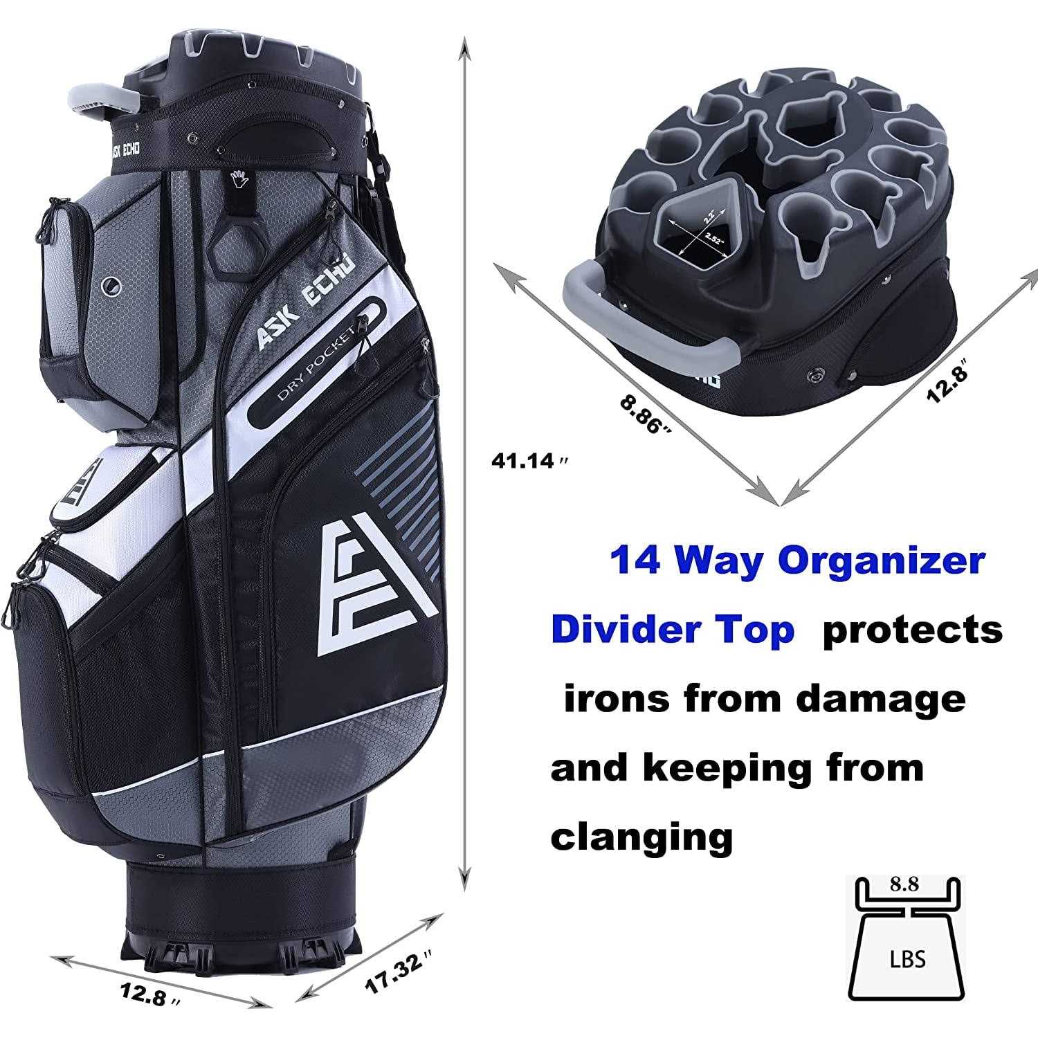 ASK ECHO T-Lock Golf Cart Bag with 14 Way Organizer Divider Top, Premium Cart Bag with Handles and Rain Cover for Men - Sports Supplies Online Store
