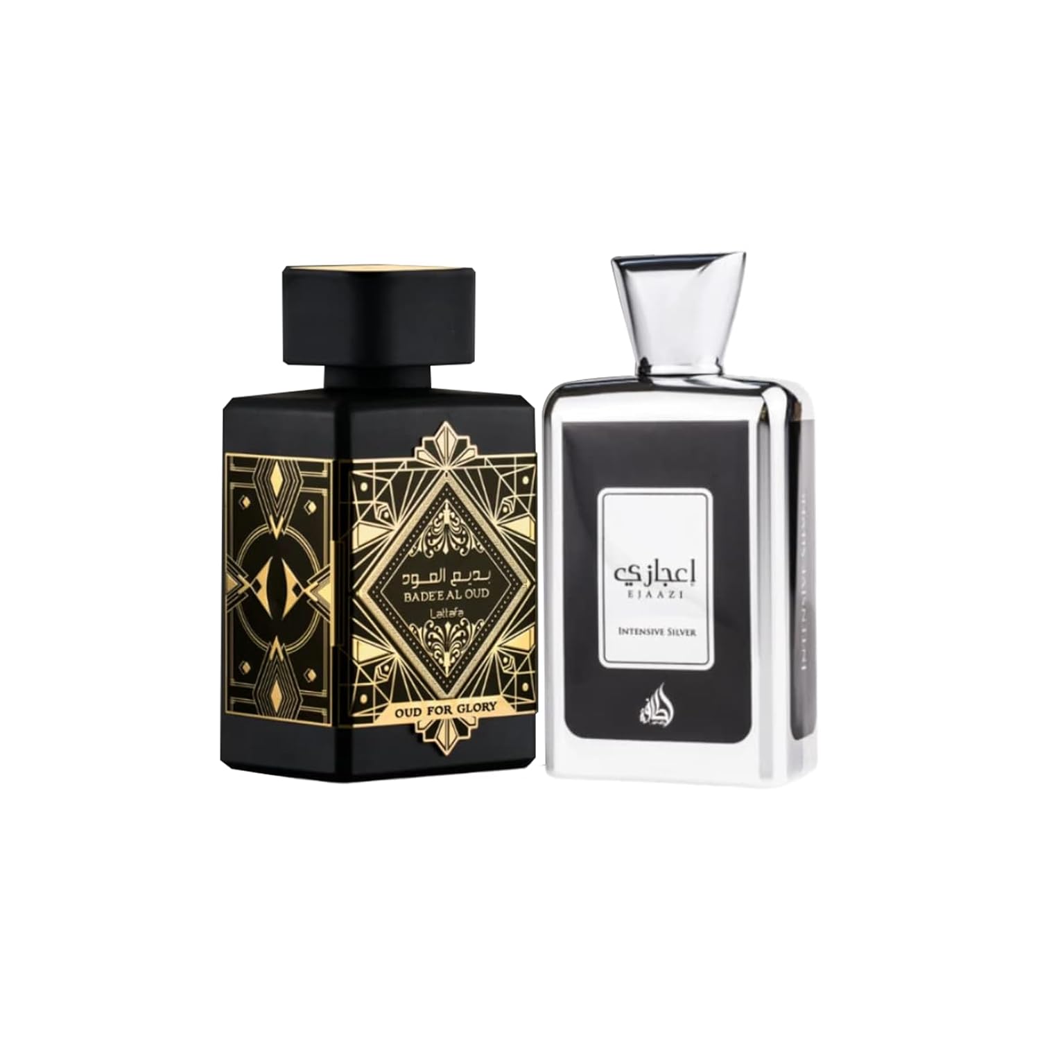 Lattafa Perfumes for Unisex 2 Piece Eau de Parfum Gift Set (Bade'e Al Oud Oud For Glory + Ejaazi Intensive Silver) 3.4 Ounce/100 ml each