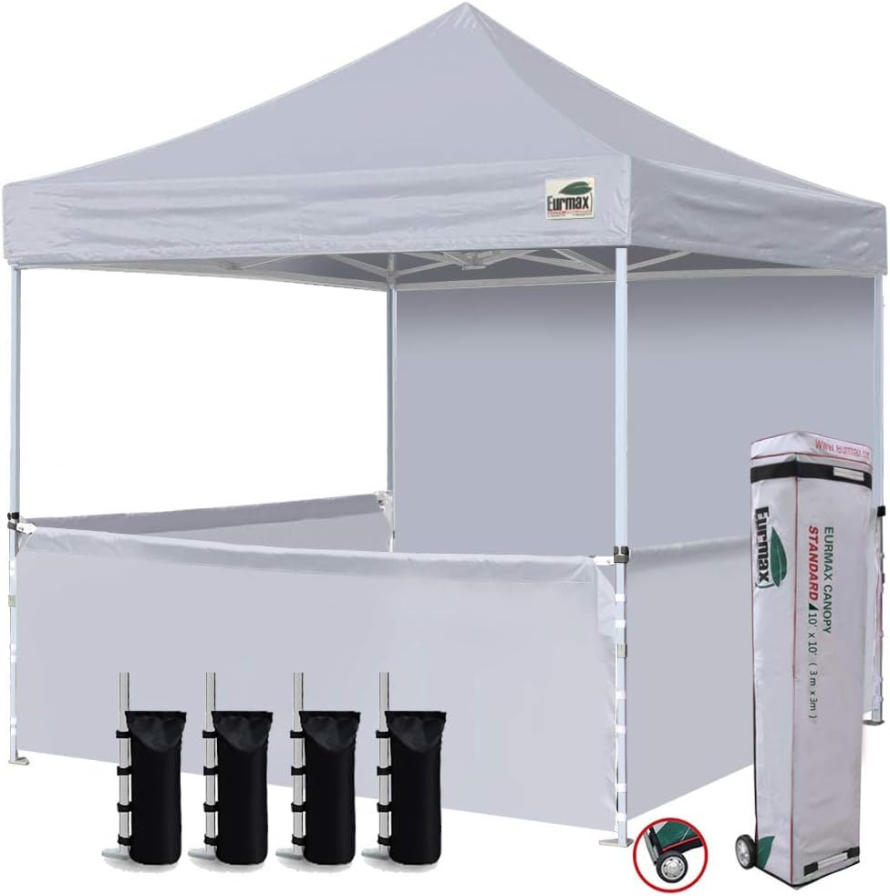 Eurmax USA 10'x10' Ez Pop-up Booth Canopy Tent Commercial Instant Canopies with 1 Full Sidewall & 3 Half Walls and Roller Bag, with 4 SandBags + 3 Cross-Bar (Grey)