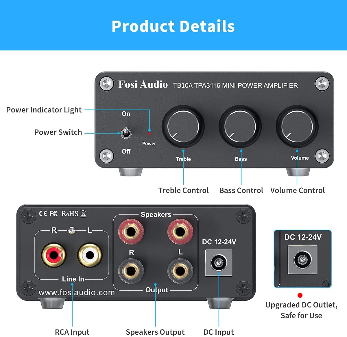 Fosi Audio TB10A 2 Channel Stereo Audio Amplifier Receiver Mini Hi-Fi Class D Integrated Amp 2.0CH for Home Speakers 100W x 2 with Bass and Treble Control TPA3116(with Power Supply) Pack of 2
