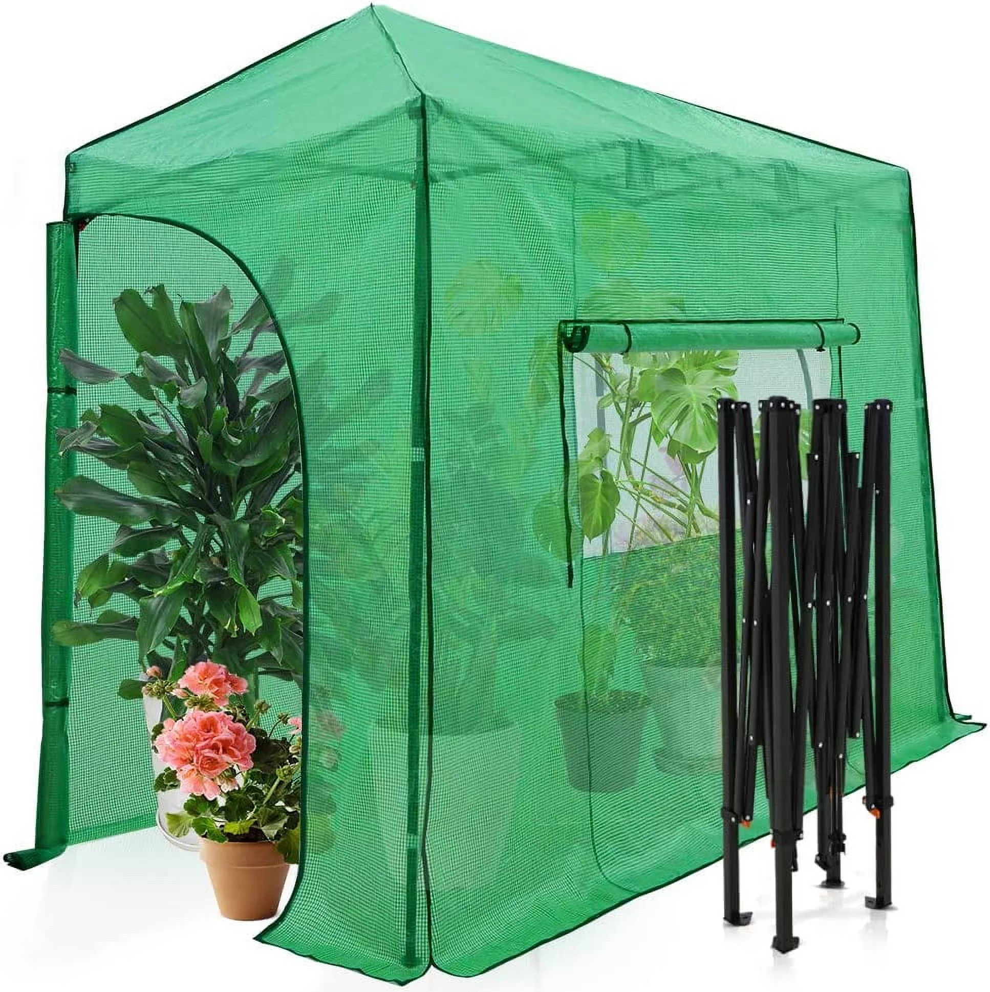 EAGLE PEAK 10'x 5' Portable Lean to Walk-in Greenhouse Instant Pop-up Fast Setup Indoor Outdoor Plant Gardening Green House Canopy, Front and Rear Roll-Up Zipper Entry Doors and Roll-Up Side Windows