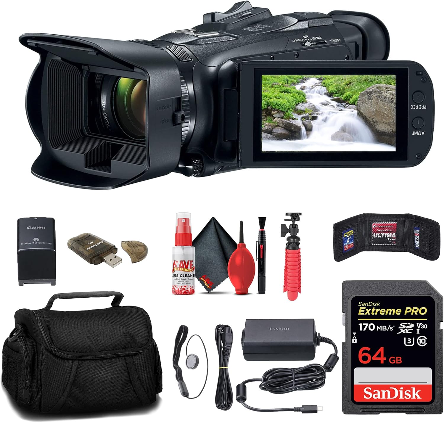 Canon Vixia HF G70 UHD 4K Camcorder (Black) (5734C002) + 64GB Memory Card + Bag + Card Reader + Flexible Tripod + Memory Wallet + Cap Keeper + Cleaning Kit (Renewed)