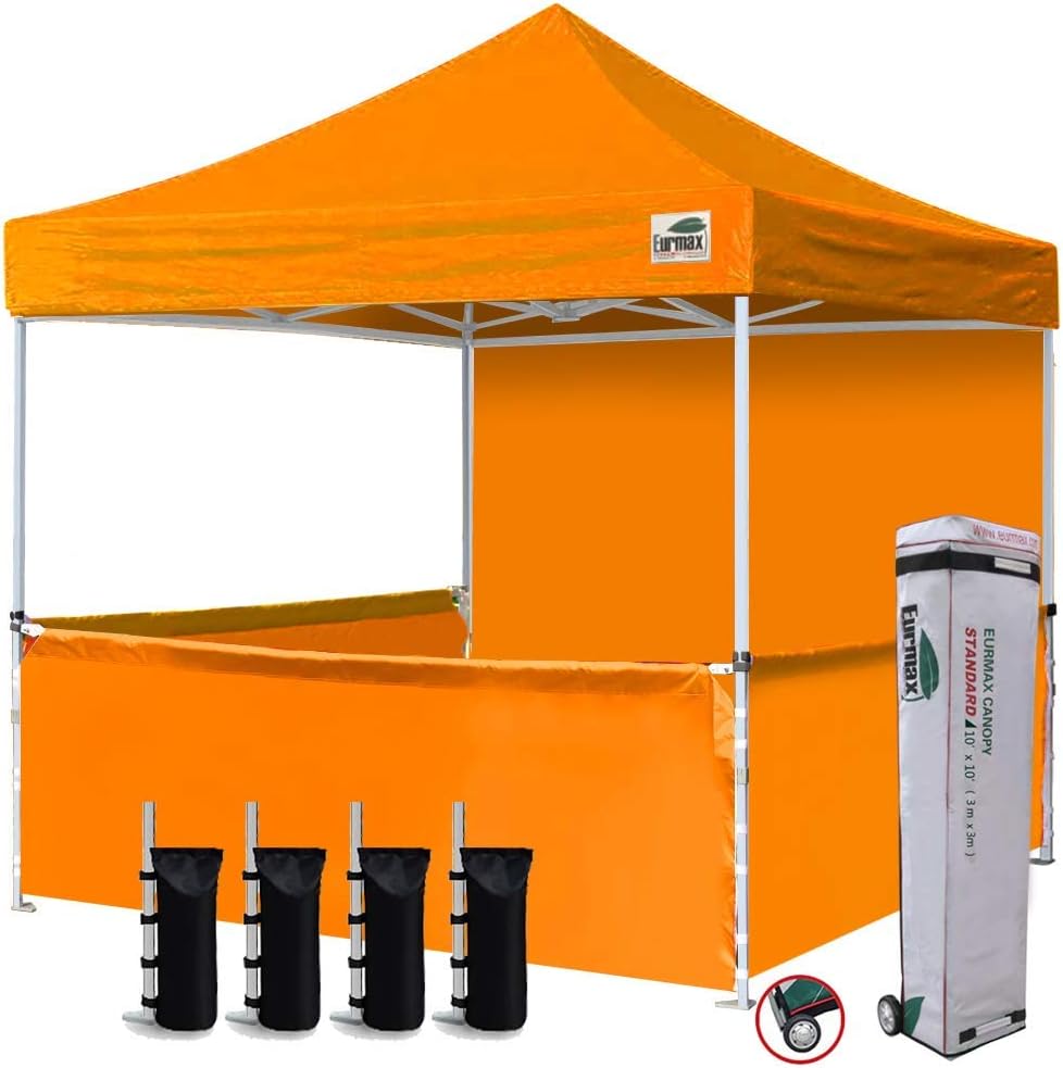 Eurmax USA 10'x10' Ez Pop-up Booth Canopy Tent Commercial Instant Canopies with 1 Full Sidewall & 3 Half Walls and Roller Bag, with 4 SandBags + 3 Cross-Bar (Grey)