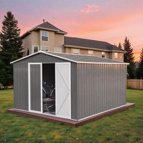 10 x 8 FT Outdoor Storage Shed, Metal Garden Tool Shed with Slooping Roof, Lockable Doors and Aluminum Frames, Easy to Assemble for Garden, Patio, Lawn, Grey