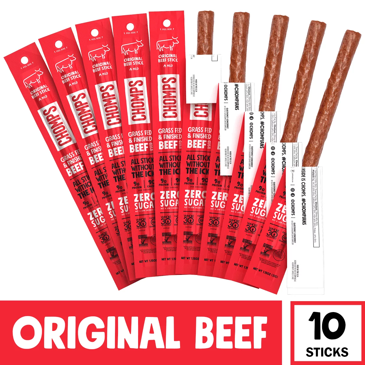 Chomps Beef Jerky Sticks, Original Beef, Keto Snack, Meat Sticks, Paleo Friendly, Sugar Free, Grass Fed, 10ct 1.15oz
