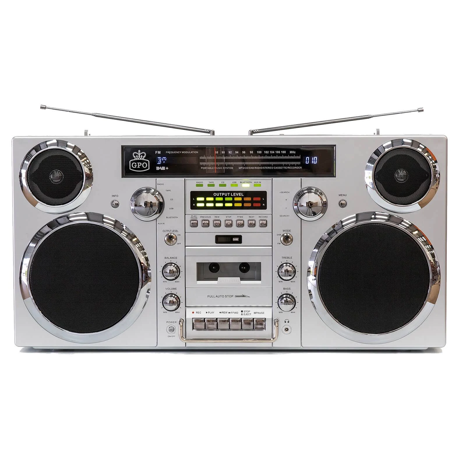 GPO Brooklyn Bluetooth Boombox 80W CD Cassette FM USB Recording Silver