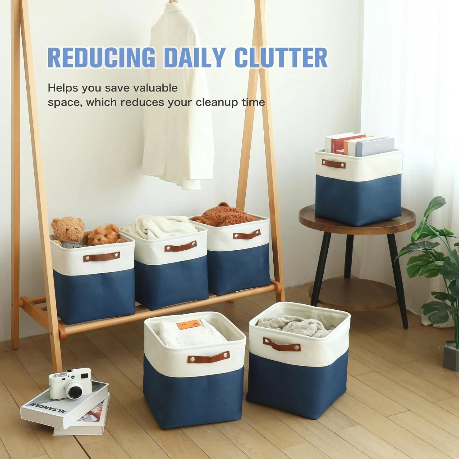 Cube Storage Baskets 6 Pack, 11x11 inch Foldable Cube Storage Bins with Leather Handles for Shelf Closet Nursery Toys (White/ Blue)