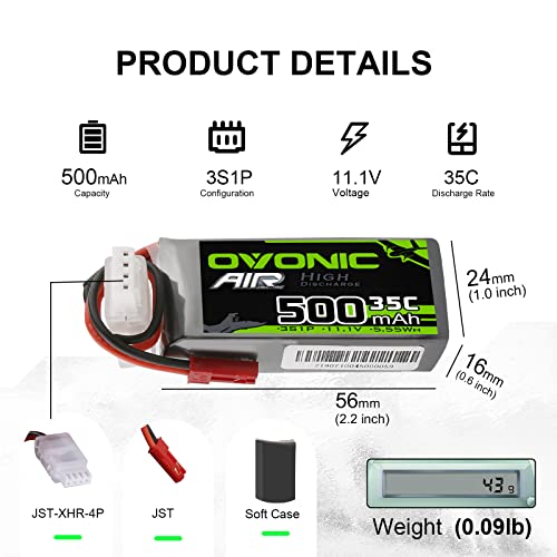 OVONIC 3S Lipo Battery 35C 500mAh 11.1V Lipo Battery with JST Connector for RC Airplane Helicopter Quadcopter FPV Racing Drone(2 Packs)