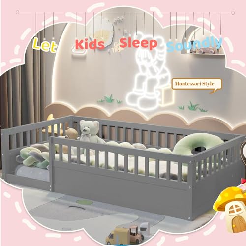 Floor Bed for Kids, Twin Size Montessori Bed with High Fence Railings, Wood Playhouse Bed with Rails for Baby Boys Girls Teens, No Slats Included, White