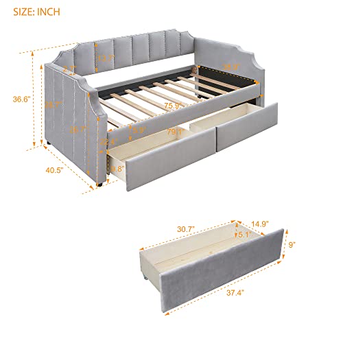 Twin Daybed with Storage - Upholstered Daybed with 2 Drawers and Arched Frame Design, Velvet Daybed with Horizontal Tufting and Nailhead Trim Detail, Storage Daybed for Bedroom (Gray)