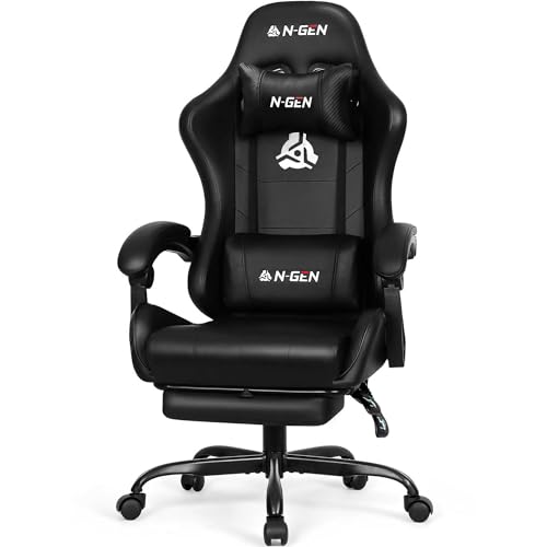 N-GEN GAMING Video Gaming Chair with Footrest Lumbar Support for Home Office High Back Recliner Height Adjustable Ergonomic Comfy Leather Computer Desk Chair (Black)