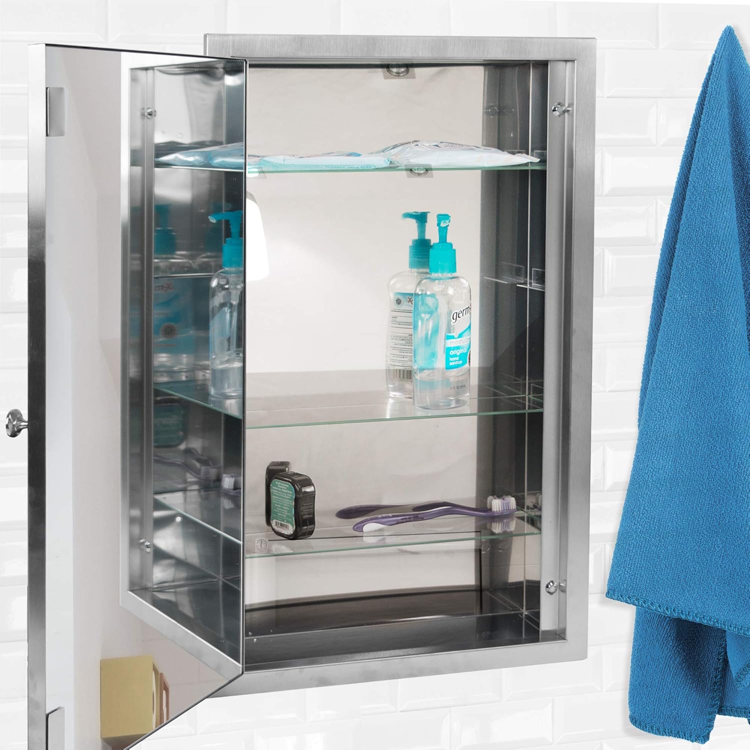 Head West Recessed Medicine Cabinet Mirror with Beveled Edge - Brushed Nickel Bathroom Mirror with Storage, Adjustable Shelves and Stainless Steel - Small Medicine Cabinets for Bathroom Wall 16