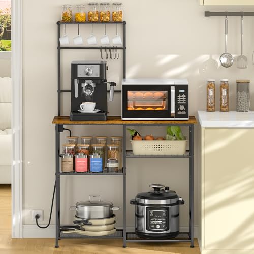 Bakers Rack with Power Outlet, Kitchen Microwave Stand with 10 S-shaped Hooks, 6-Tier Coffee Bar Station, Kitchen Storage Shelf Rack for Spices, Pots, Rustic Brown