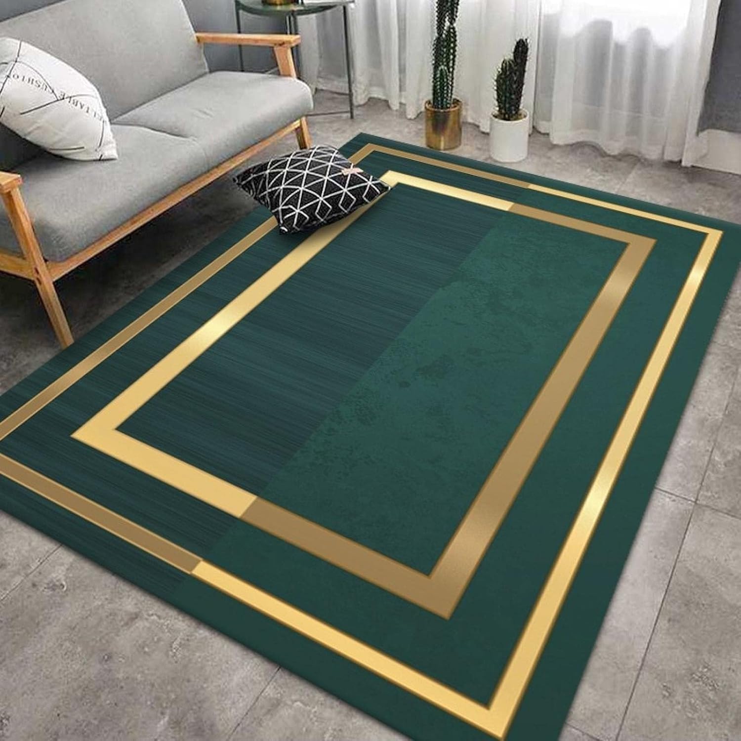 3' x 5' Emerald Green Gold Frame Area Rugs, Living Room Carpet Nordic Geometric Decor Rug, Non-Slip Machine Washable Large Rug for Living Dining Dorm Room Bedroom, Style-15