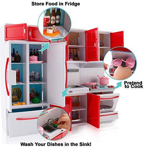 Gourmet Red Doll Modern Kitchen Mini Toy Playset with Lights and Sounds, Perfect for 12 Inch Dolls