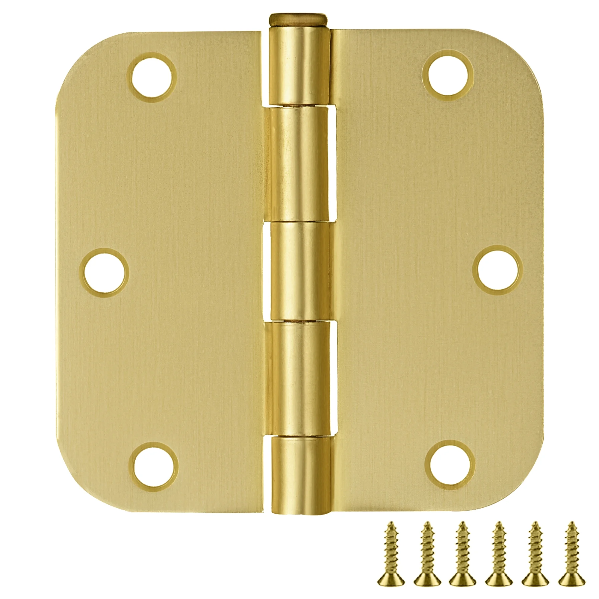 Door Hinges for Interior Doors 12-Pack 3.5-inch x 3.5-inch – Rounded 5/8-inch Radius Steel Door Hinge – Satin Brass – Fits Standard Doors – Design House 189795