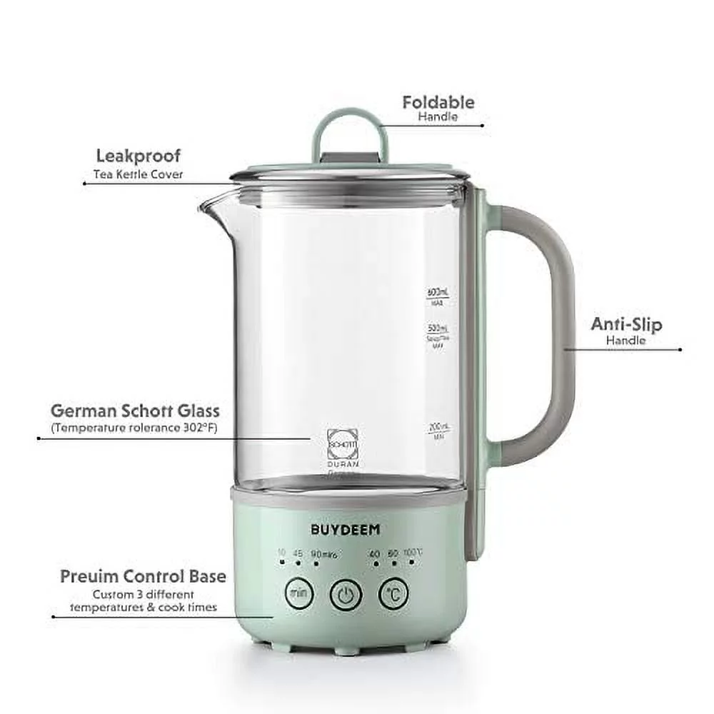 BUYDEEM K313 Travel Electric Kettle, Mini Healthy-Care Beverage Kettle, Tea Maker with German Schott Glass & Durable Pro 18/10 Pro Stainless Steel, 0.6L, Cozy Greenish