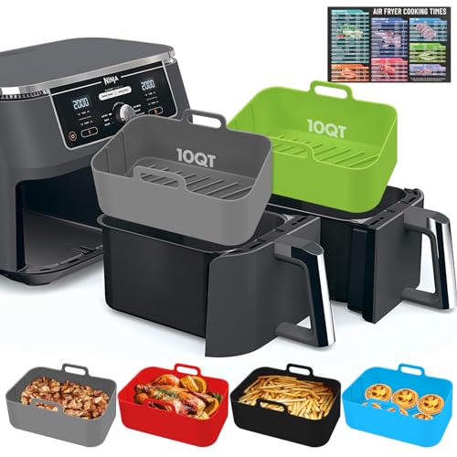 Air Fryer Silicone Liners - 2Pcs Rectangular Airfryer Silicone Pot Baking Tray for Ninja Dual Reusable Replacement Basket Insert with Magnetic Cheat Sheet