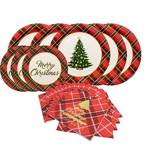 Gatherfun Christmas Party Supplies Christmas Tree Red Plaid Disposable Paper Dinner Plates Dessert Plates and Napkins for Party decorations, Serve 50