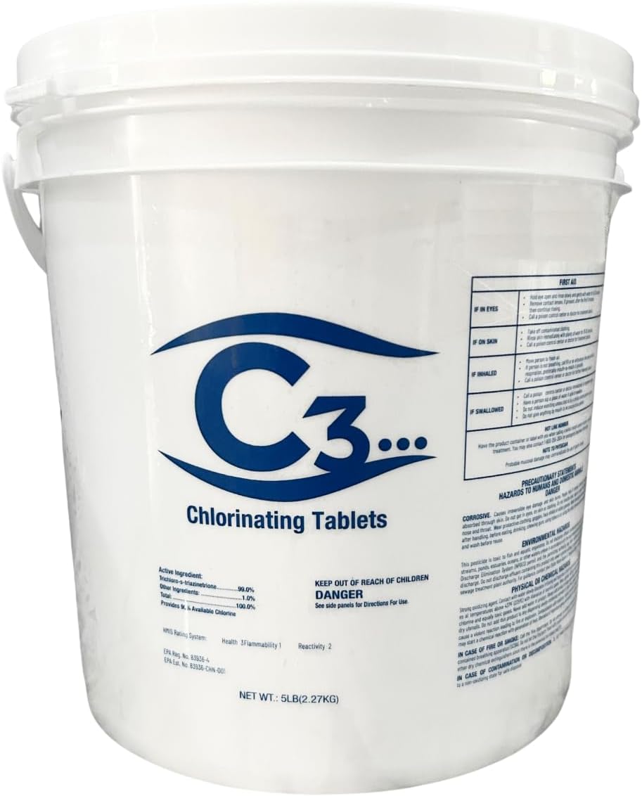 C3-5lb Chlorine Tablets, 3 Inch | Swimming Pool & Spa Chlorine Tablets | Long-Lasting, Slow Dissolving, Individually Wrapped Chlorine Tabs | Tri-Chlor 3 Inch Tablets Pool Cleaner