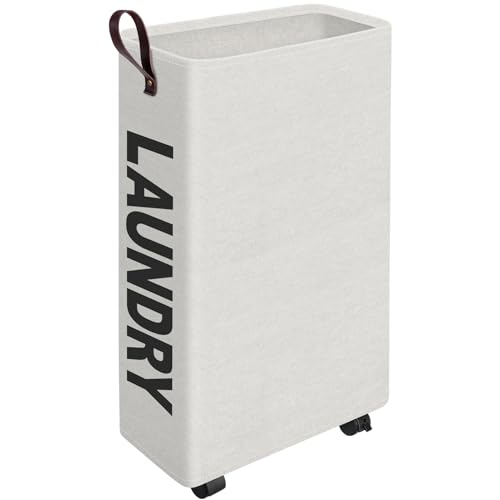 24.4-Inches Rolling Slim Laundry Basket on Wheels, Collapsible & Waterproof Laundry Hamper, Freestanding Narrow Corner Clothes Bins with Easy Carry Handles for Clothes at Home, Grey