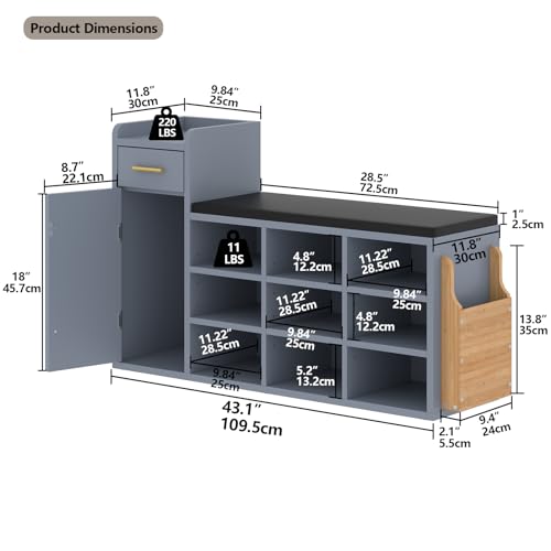 Loomie Shoe Storage Bench, 9 Cubbies Entryway Bench with Cushion & Drawer, 3-Tier Shoe Organizer Bench, Shoe Rack Bench with Cabinet, Side Holder & Adjustable Shelves for Hallway,Bedroom,Closet, White