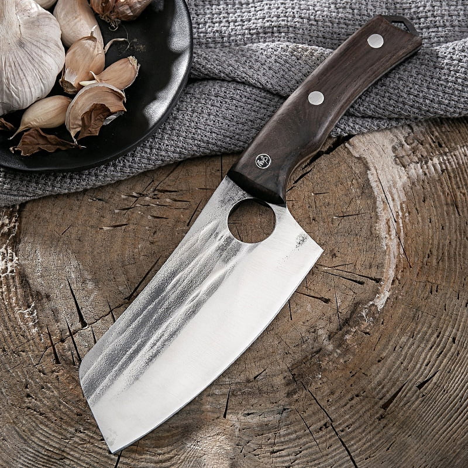 Meat Cleaver, 5.5 inch Full Tang Butcher Knife with Hole, Chef Chopping Boning Cooking Knife, High Carbon Steel Sharp Kitchen Hunting Knife for Outdoor BBQ Camping