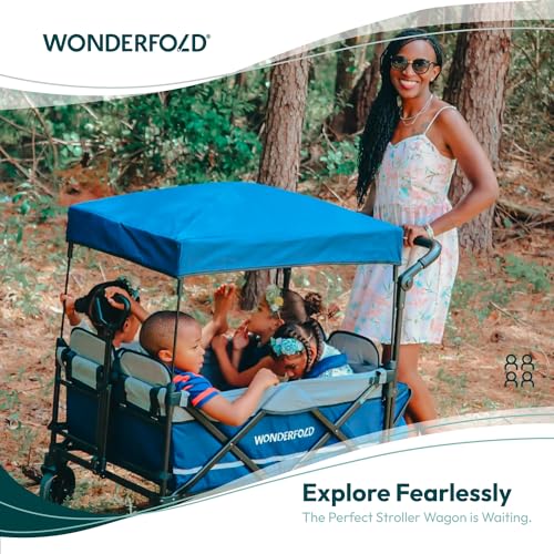 WONDERFOLD X4 Push & Pull Stroller Wagon (4 Seater) - Collapsible Wagon Stroller with Seats with 5-Point Harnesses, Adjustable Push Handle, and Sun Canopy, Navy