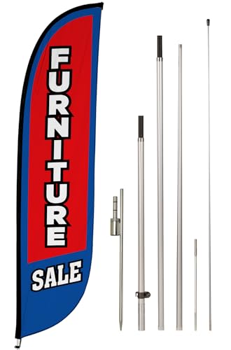 LookOurWay Feather Flag Pole Kit - 12 Feet Tall Advertising Flag Banner with Fiberglass Pole Kit and Ground Spike for Business Promotion - Furniture & Mattress Store - Mattress Sale Blue