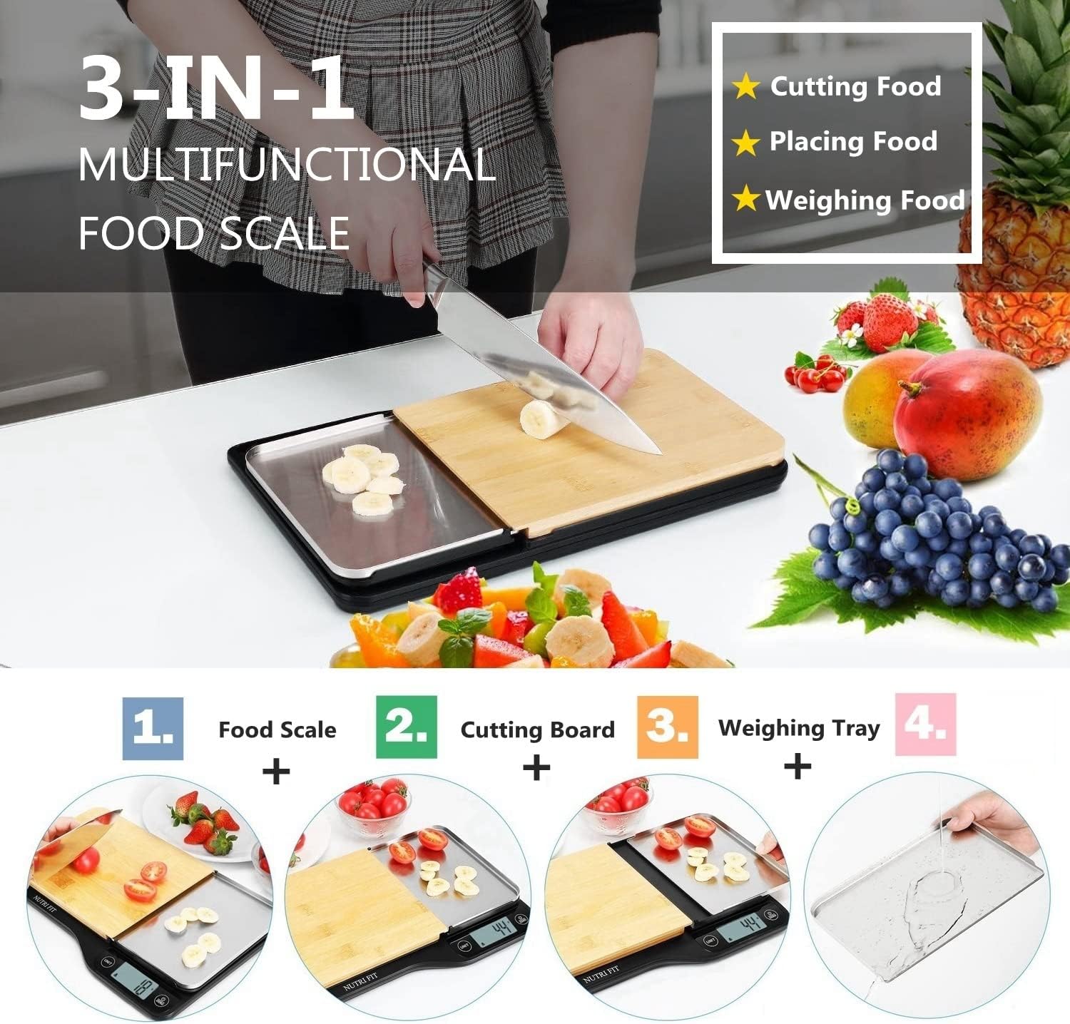 NUTRI FIT Food Scale - 3 in 1 Digital Kitchen Scale, Weight Grams and Ounces with Removable Cutting Board & Tray, LCD Display, 11lb 5kg, Easy for Cooking Baking & Meal Prep, Batteries Included