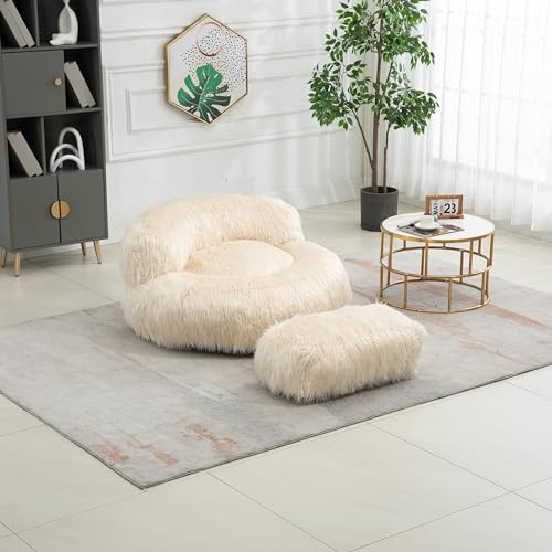 Bean Bag Chairs Fluffy Lazy Sofa with Ottoman, Fur Faux Oversized BeanBag Single Sofa Filled High-Density Foam Comfort Lounge Accent Chair for Living Room, Bedroom (Wine Red)