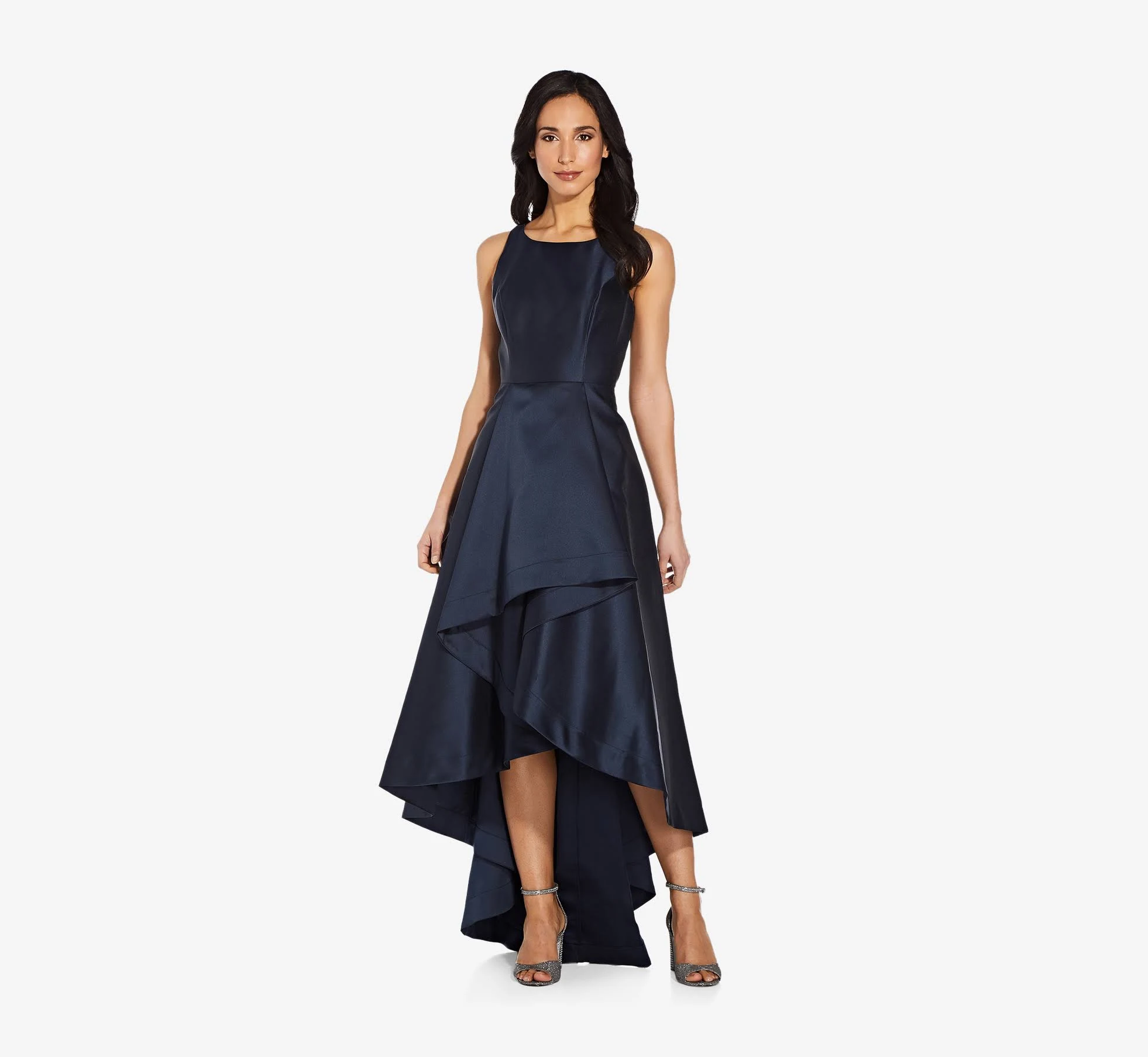 Adrianna Papell High Low Mikado Gown with Asymmetrical Detail, Navy, Size: 18