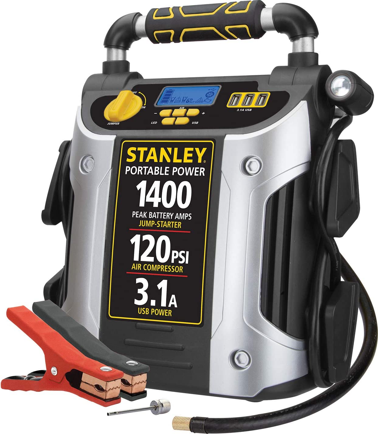 Braun Stanley J7C09D Digital Portable Power Station Jump Starter: 1400/700 Instant Amps, 120 PSI Air Compressor, 3.1A USB Ports, Battery Clamps