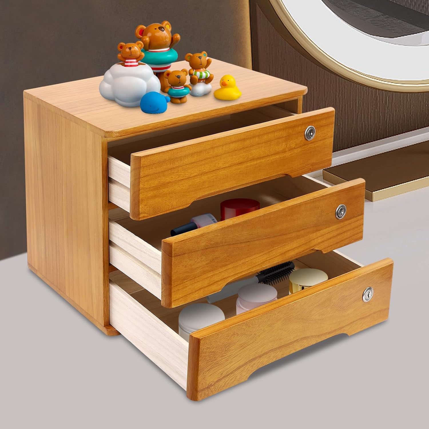 3-Tiers Wooden Desktop Storage Box with Lockable Drawers, Office Supplies File Organizer, Flat File Cabinet Store Stamps, Sticky Notes, Paper Clips, Scissors, for Office, Wood Yellow