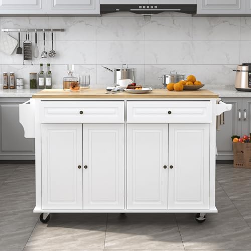 Kitchen Cart with Wood Top and Drop Leaf Breakfast Bar, Rolling Mobile Kitchen Island Table on Wheels with Drawer and Storage Cabinet, Spice Rack, Towel Rack, White