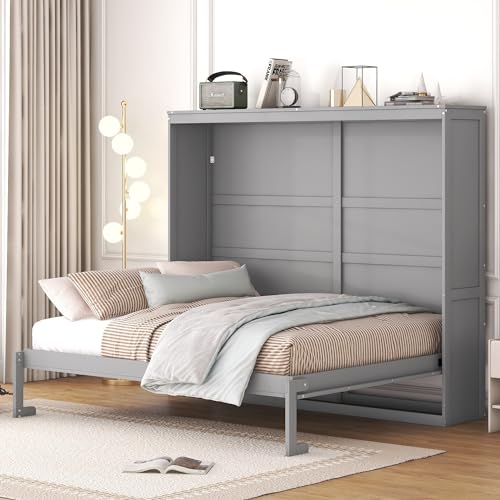 SOFTSEA Queen Size Murphy Bed, Wood Folding Wall Bed for Guestroom Study Office Small Room, Can Be Folding Into A Cabinet, White