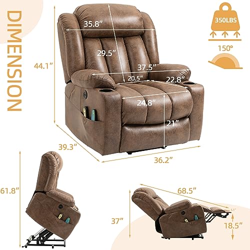 Large Electric Power Lift Recliner Chair with Extended Footrest for Elderly Big, Extra Large and Wide Reclining Sofa for Living Room, Home Theater Seating with Massage and Heat(Brown)
