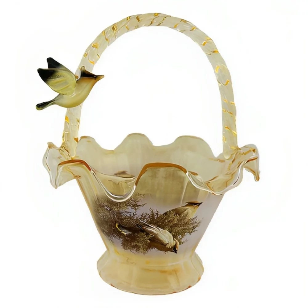 The Bradford Exchange Cedar Waxwing Melody Issue #8 Songbird Art Hand-Blown Glass Bowl Basket by James Hautman 7.5-inches